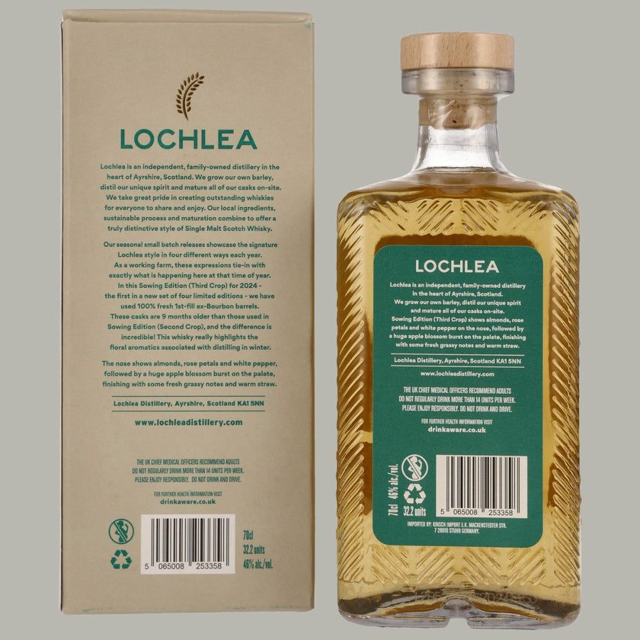Lochlea Sowing Edition Third Crop, Single Malt Scotch Whisky, Schottland, 70cl, goldene Farbe, 46% vol, Rückseite mit Produktdetails und Verpackung.
