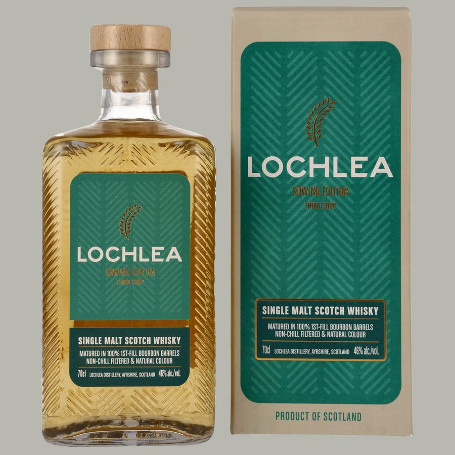 Lochlea Sowing Edition Third Crop, Single Malt Scotch Whisky, Schottland, 70cl, goldene Farbe, 46% vol, 1st Fill Bourbon gereift, nicht kühlgefiltert.