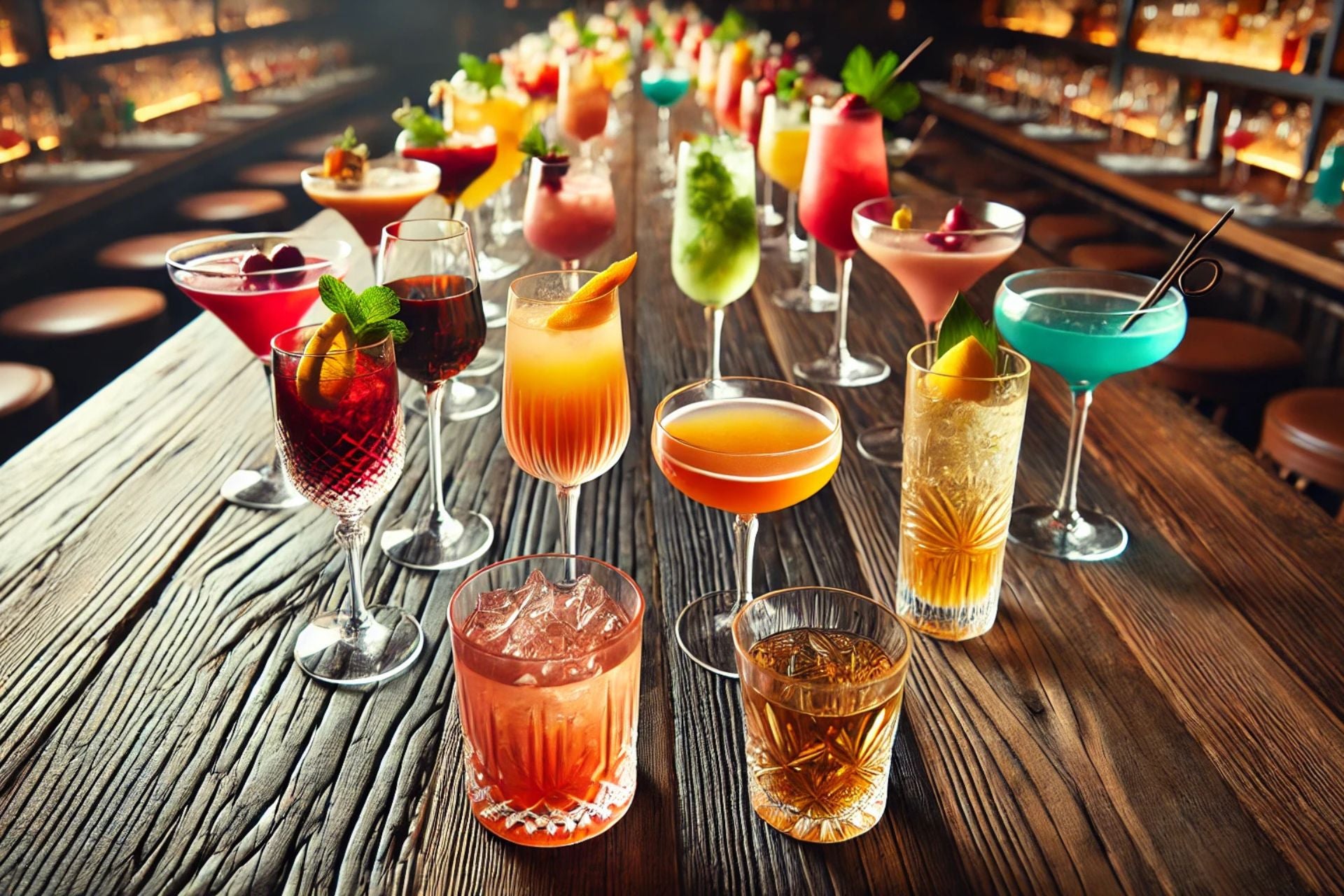 Bunte Aperitif-Cocktails in eleganten Gläsern, stilvoll arrangiert auf einer rustikalen Holztheke in stimmungsvoller Bar-Atmosphäre.