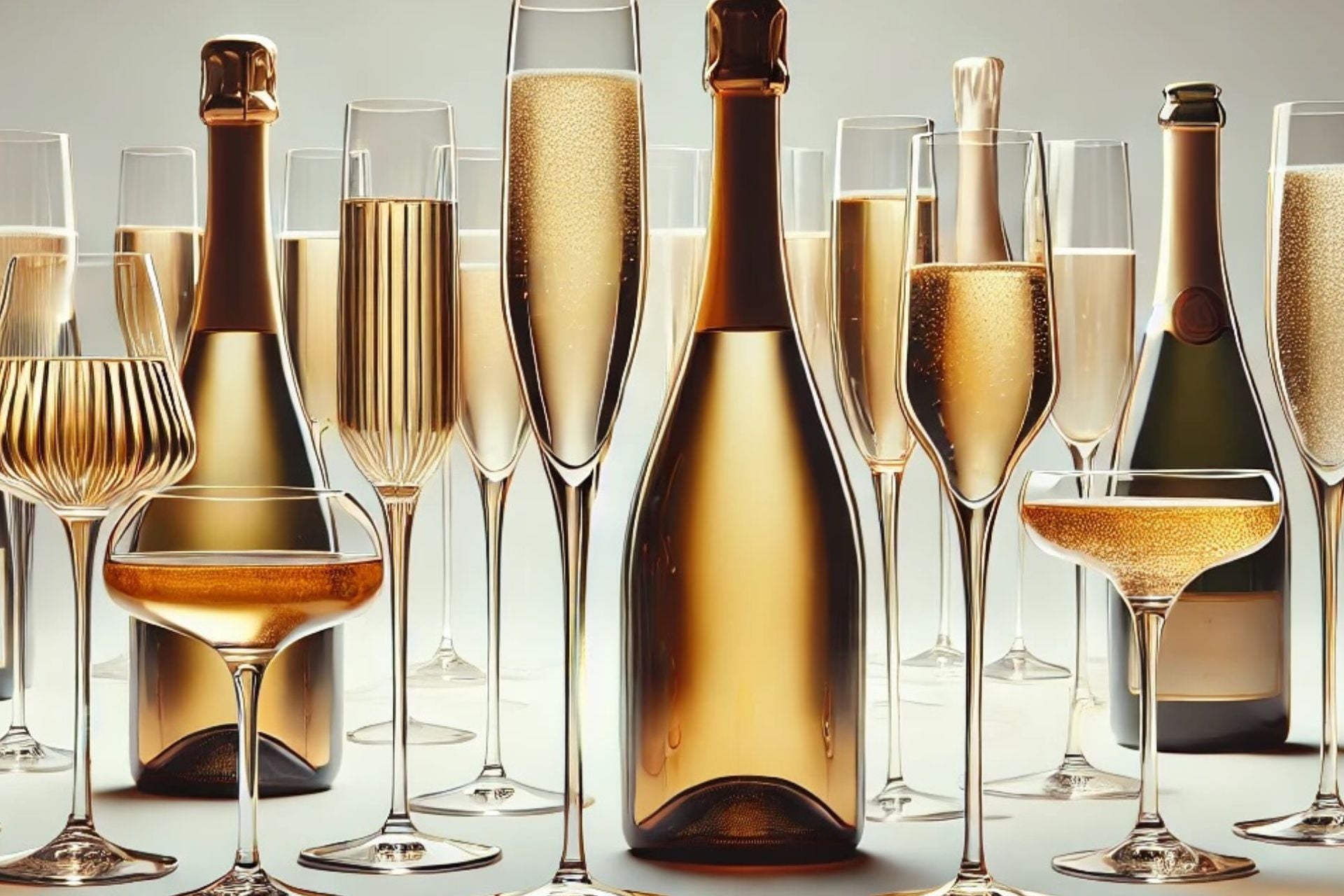 Elegante Champagnerflaschen und verschiedene glitzernde Champagnergläser mit prickelndem Schaumwein in stilvoller Anordnung.