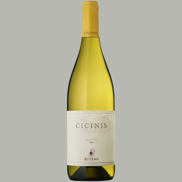 Flasche Attems Cicinis Collio Sauvignon Blanc 2023, cremefarbenes Etikett mit Familienwappen