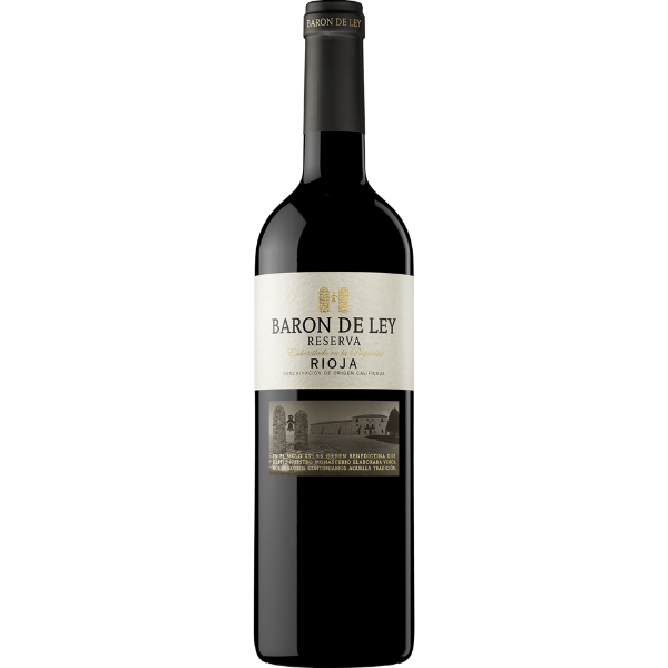 Flasche Barón de Ley Reserva Rioja DOCa, cremefarbenes Etikett mit Kloster-Illustration