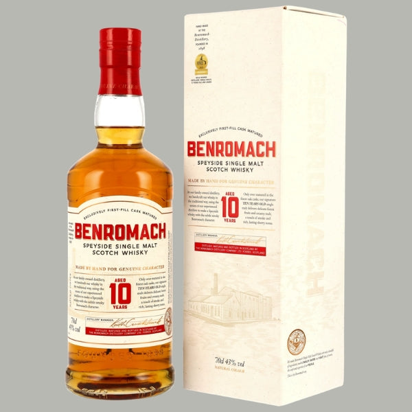 Flasche Benromach 10 Jahre Speyside Single Malt Scotch Whisky, weißes Etikett mit rotem Benromach-Schriftzug, 43% Vol.