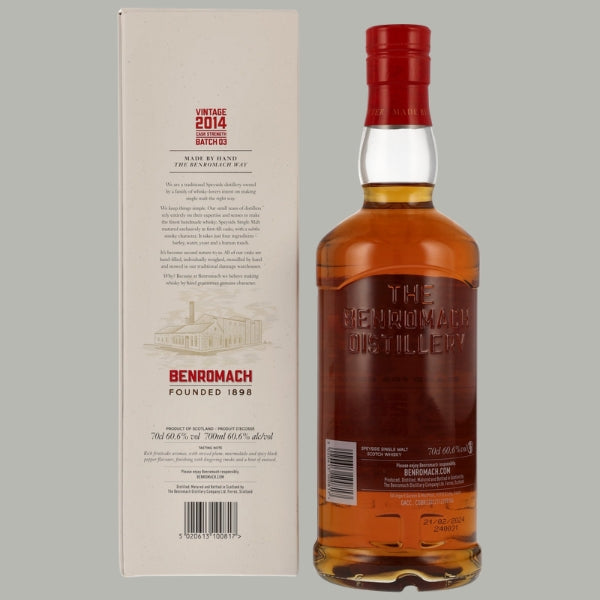 Rückenetikett von Benromach Cask Strength Vintage 2014 mit Herstellerangaben und Inverkehrbringer
