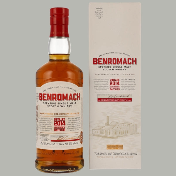 Flasche Benromach Cask Strength Vintage 2014, Batch 03, weißes Etikett, 60,6% Vol.