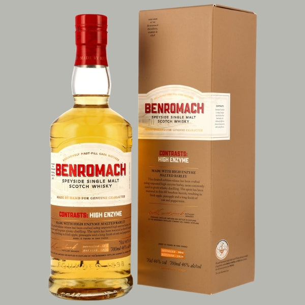 Flasche Benromach Contrasts: High Enzyme 2012/2024, weißes Etikett mit brauner Contrasts-Banderole, 46% Vol.