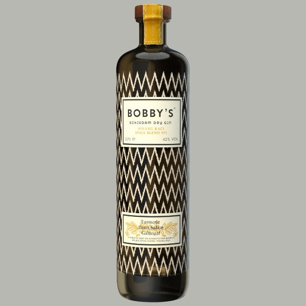 Flasche Bobby's Schiedam Dry Gin Pinang Raci Spice Blend No.1, schwarzes Etikett mit Zickzack-Muster, 42% Vol.