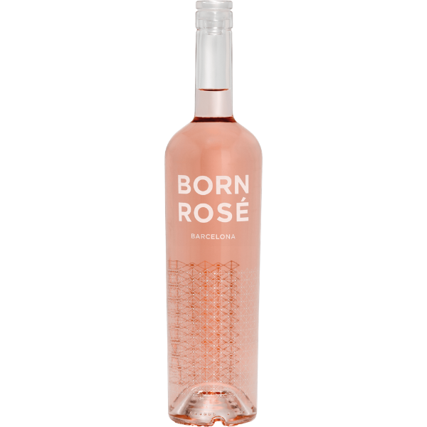 Flasche Born Rosé Barcelona, blassrosafarbener Wein mit geometrischem Muster auf dem Etikett
