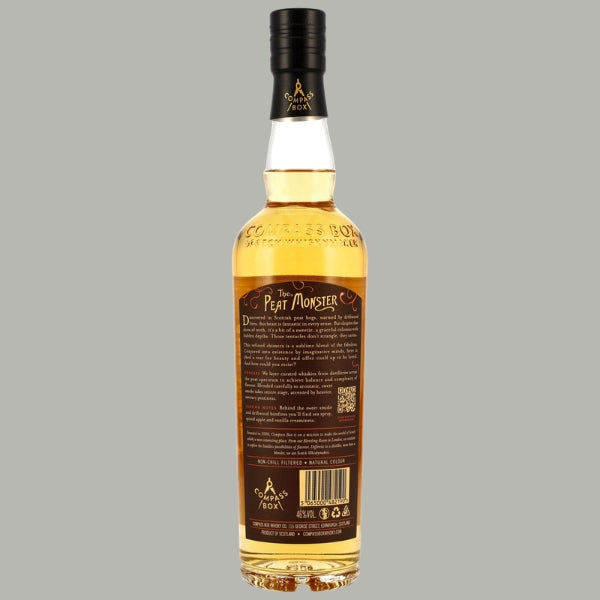 Rückenetikett von Compass Box The Peat Monster mit Markengeschichte und Tasting Notes