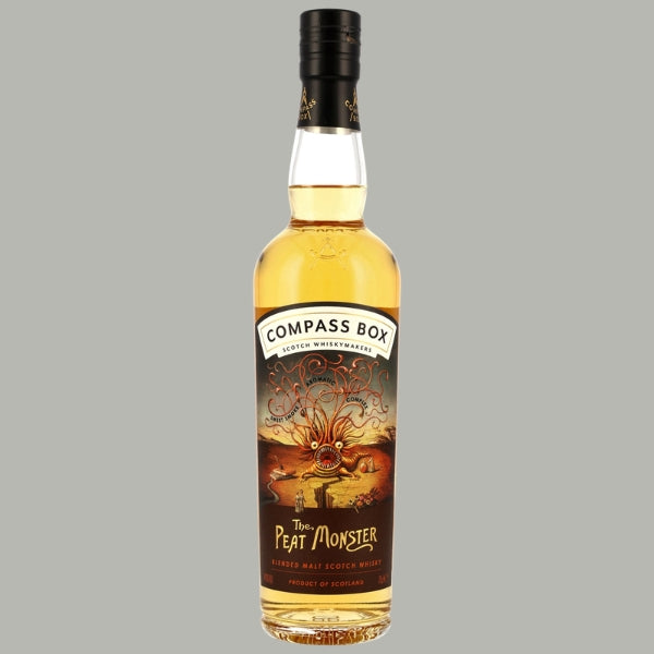 Flasche Compass Box The Peat Monster, dunkles Etikett mit Tintenfisch-Monster-Illustration, Blended Malt Scotch Whisky, 46% Vol.
