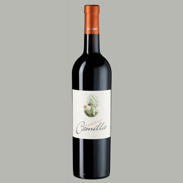 Flasche Contessa Camilla Montepulciano d'Abruzzo Barrique 2022, cremefarbenes Etikett mit Portrait einer Contessa