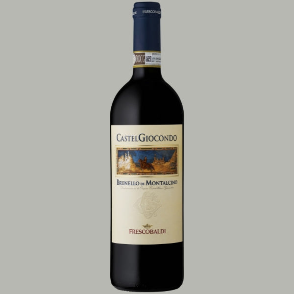 Flasche Frescobaldi CastelGiocondo Brunello di Montalcino 2020, cremefarbenes Etikett mit Burg-Illustration