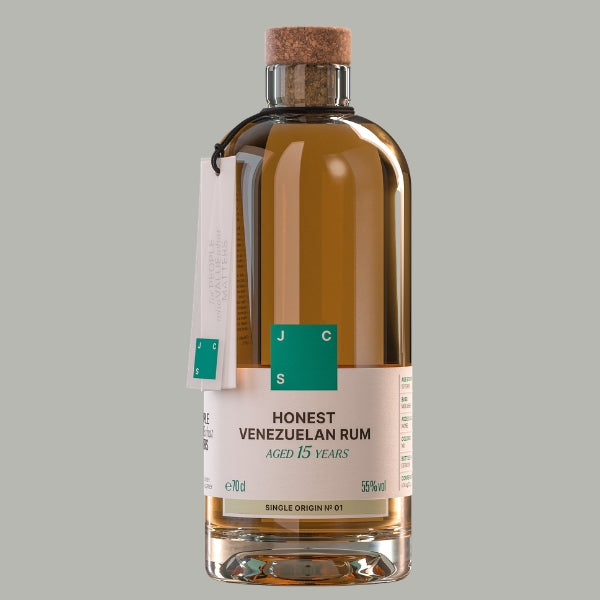 Flasche Jack-Crap Spirits Honest Venezuelan Rum, cremefarbenes Etikett mit grünem JCS-Logo, Aged 15 Years, Single Origin No 01