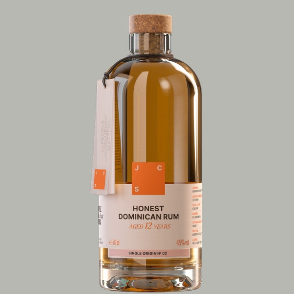 Flasche Jack-Crap Spirits Honest Dominican Rum, cremefarbenes Etikett mit orangefarbenem JCS-Logo, Aged 12 Years, Single Origin No 02