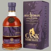 Kilchoman Sanaig Cask Strength 2024 Edition, 70cl, Islay Single Malt Scotch Whisky. Gereift in Bourbon- und Sherryfässern, 57,8 % Vol., dunkelgoldene Farbe, violette Geschenkverpackung mit goldener Schrift.