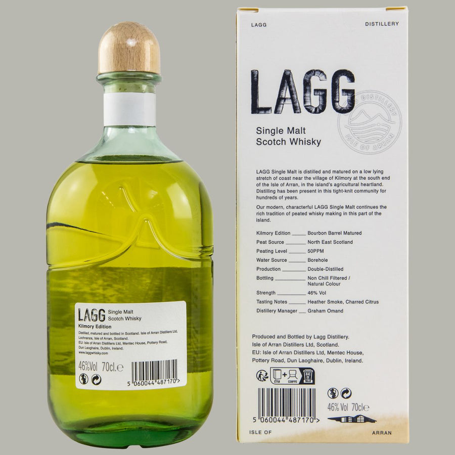 LAGG Kilmory Edition Scotch Whisky Rückseite, Isle of Arran, 70cl, Informationen zur Destillation, doppelt destilliert, 46% vol, nicht kühlgefiltert, natürliche Farbe, Bourbon-Fass gereift