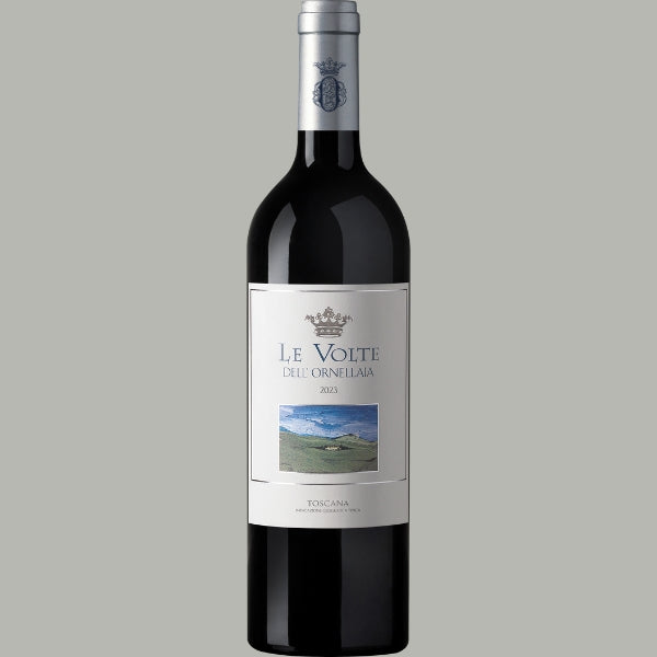 Flasche Le Volte dell'Ornellaia Toscana 2023, cremefarbenes Etikett mit toskanischer Landschaft