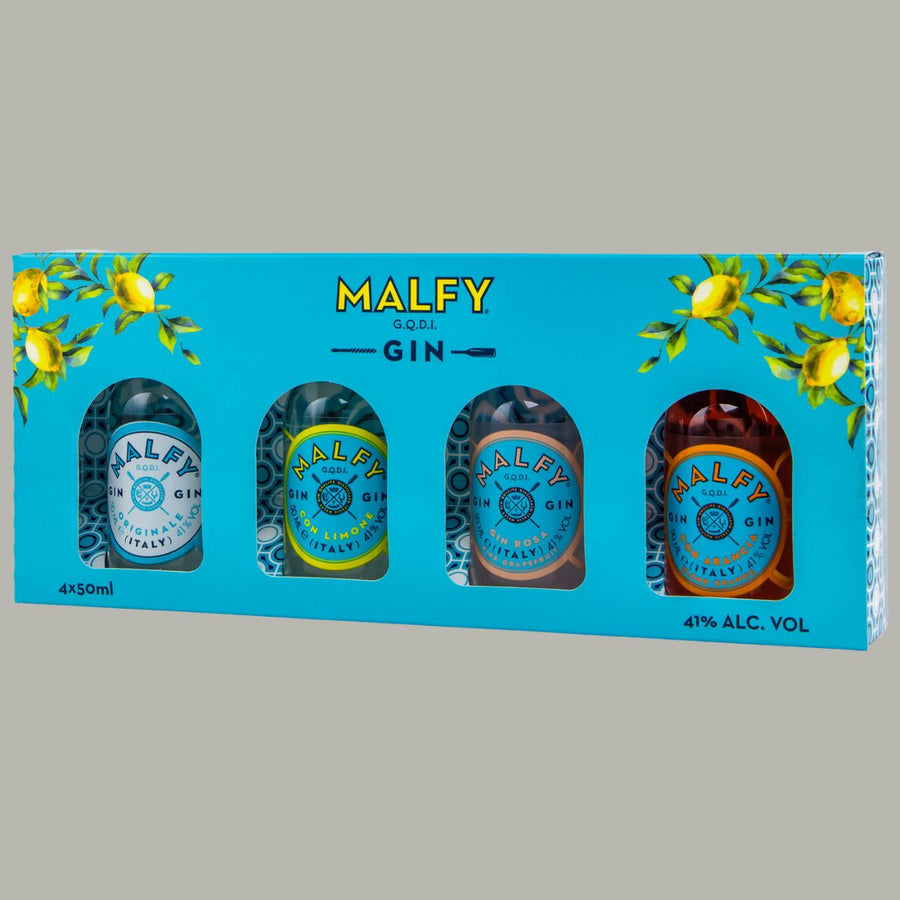 Malfy Gin Tasting Kit, 4 x 50ml, italienischer Gin. Enthält Malfy Originale, Gin Limone, Gin Rosa und Gin Arancia, 41 % Vol., präsentiert in einer türkisfarbenen Geschenkbox mit Zitronenmotiv und Sichtfenstern.