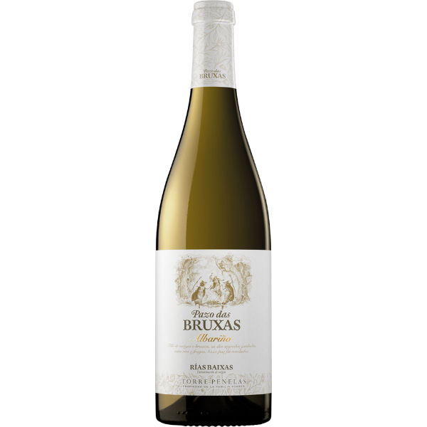 Flasche Pazo das Bruxas Albariño, elegantes Etikett mit Hexen-Illustration, Rías Baixas