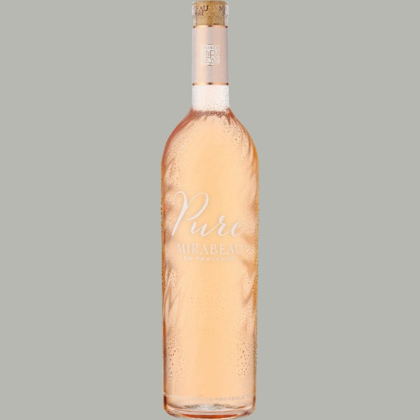 Flasche Mirabeau Pure Rosé Côtes de Provence 2024, helle Flasche mit goldfarbenem Sonnenuntergangs-Etikett