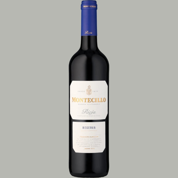 Flasche Montecillo Rioja Reserva 2016, weißes Etikett mit goldenem Montecillo-Wappen