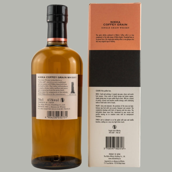 Rückenetikett von Nikka Coffey Grain Whisky mit Markenbeschreibung