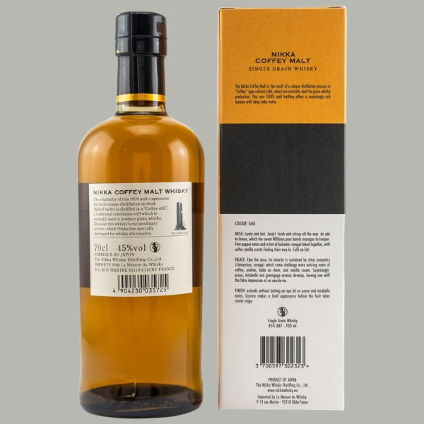 Rückenetikett von Nikka Coffey Malt Whisky mit Markenbeschreibung