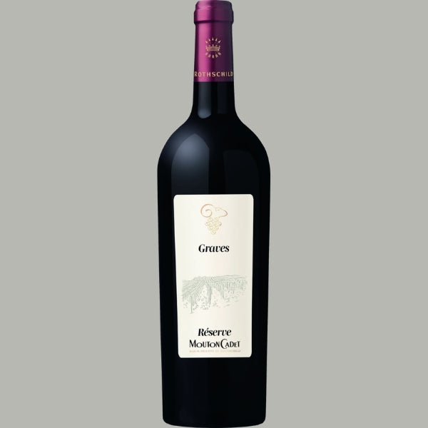 Flasche Réserve Mouton Cadet Graves 2019, cremefarbenes Etikett mit Mundus-Vini-Gold-Medaille