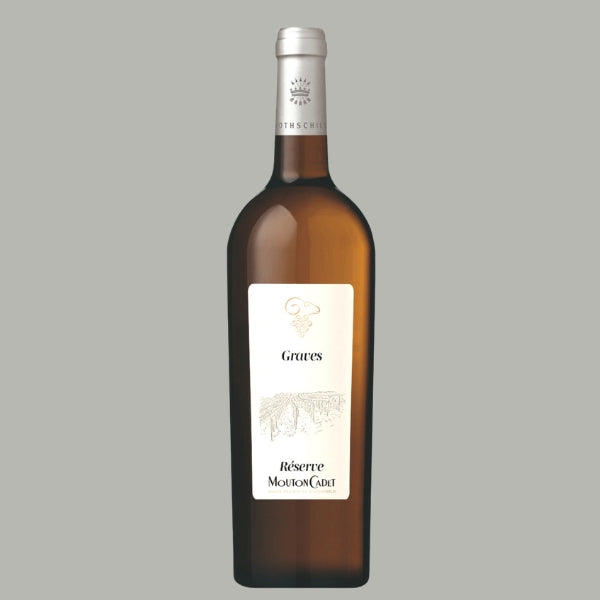 Flasche Réserve Mouton Cadet Graves Blanc 2022, cremefarbenes Etikett mit Mundus-Vini-Gold-Medaille