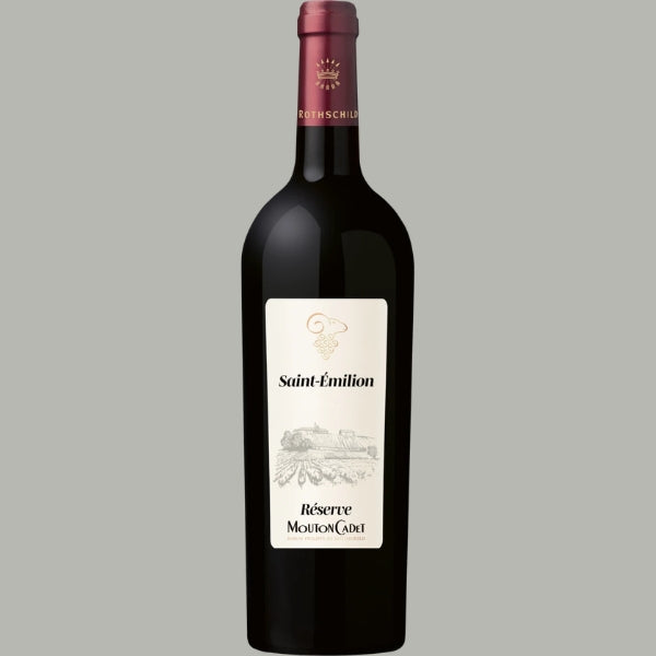 Flasche Réserve Mouton Cadet Saint-Émilion 2020, cremefarbenes Etikett mit Schloss-Illustration