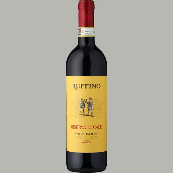 Flasche Ruffino Riserva Ducale Chianti Classico Riserva 2021, goldfarbenes Etikett mit historischer Illustration