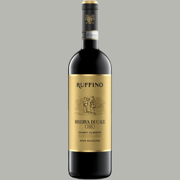 Flasche Ruffino Riserva Ducale Oro Chianti Classico Gran Selezione 2020, goldfarbenes Etikett mit historischer Illustration