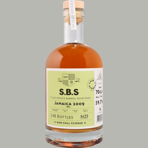 Flasche S.B.S Jamaica 2009 WPL, hellgrünes Etikett mit 1423-World-Class-Spirits-Logo, 248 Bottles, 59,7% Vol.