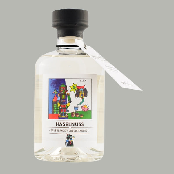 Flasche Sauerländer Edelbrennerei Haselnuss mit buntem Illustrations-Etikett, 38% Vol.