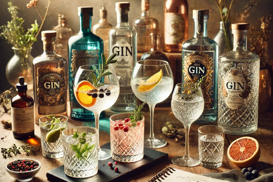 Verschiedene Gin-Flaschen in stilvoller Vintage-Optik mit passenden Gin-Tonic-Gläsern, dekoriert mit Kräutern, Zitrusfrüchten und Wacholderbeeren.