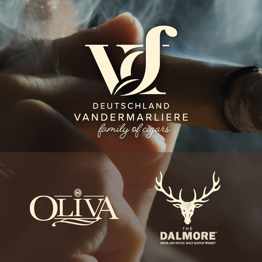 Titelbild für das VCF Tasting „Oliva x Dalmore“. Nahaufnahme einer Hand mit brennender Zigarre im Rauch, darüber das Logo von Vandermarliere Family of Cigars Deutschland, sowie die Logos von Oliva Cigars und The Dalmore Highland Single Malt Whisky.