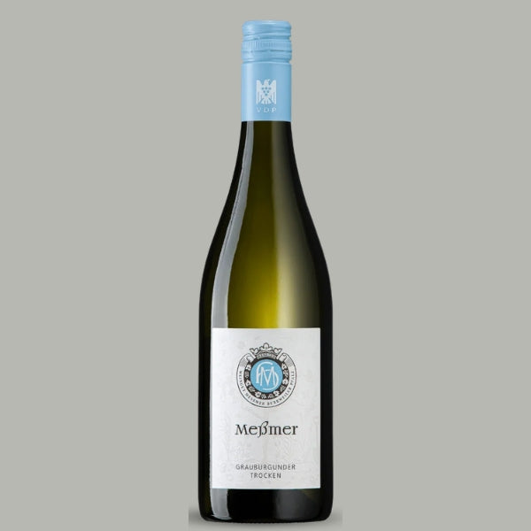 Flasche Weingut Meßmer Grauburgunder Trocken 2024, cremefarbenes Etikett mit Messmer-Wappen