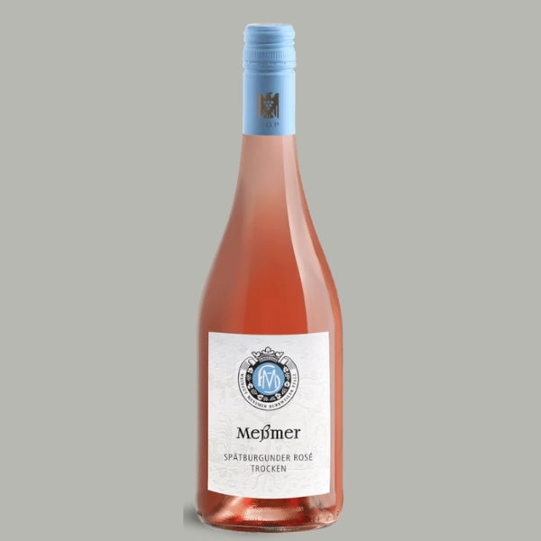 Flasche Weingut Meßmer Spätburgunder Rosé Trocken 2025, graues Etikett mit Messmer-Wappen